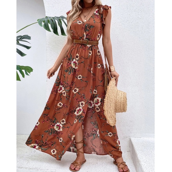 Boho Rust Brown Floral Print V neck Ruffle Cap Sleeve Maxi Dress